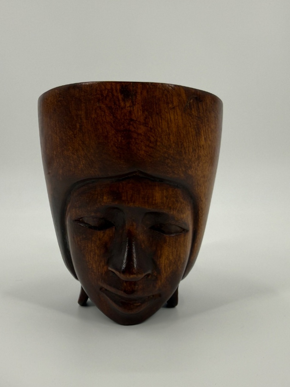 Vintage Hand Carved Wood Face Mug Cup African Tribal Art Wooden Coffee Mug Teak - Picture 3 of 5